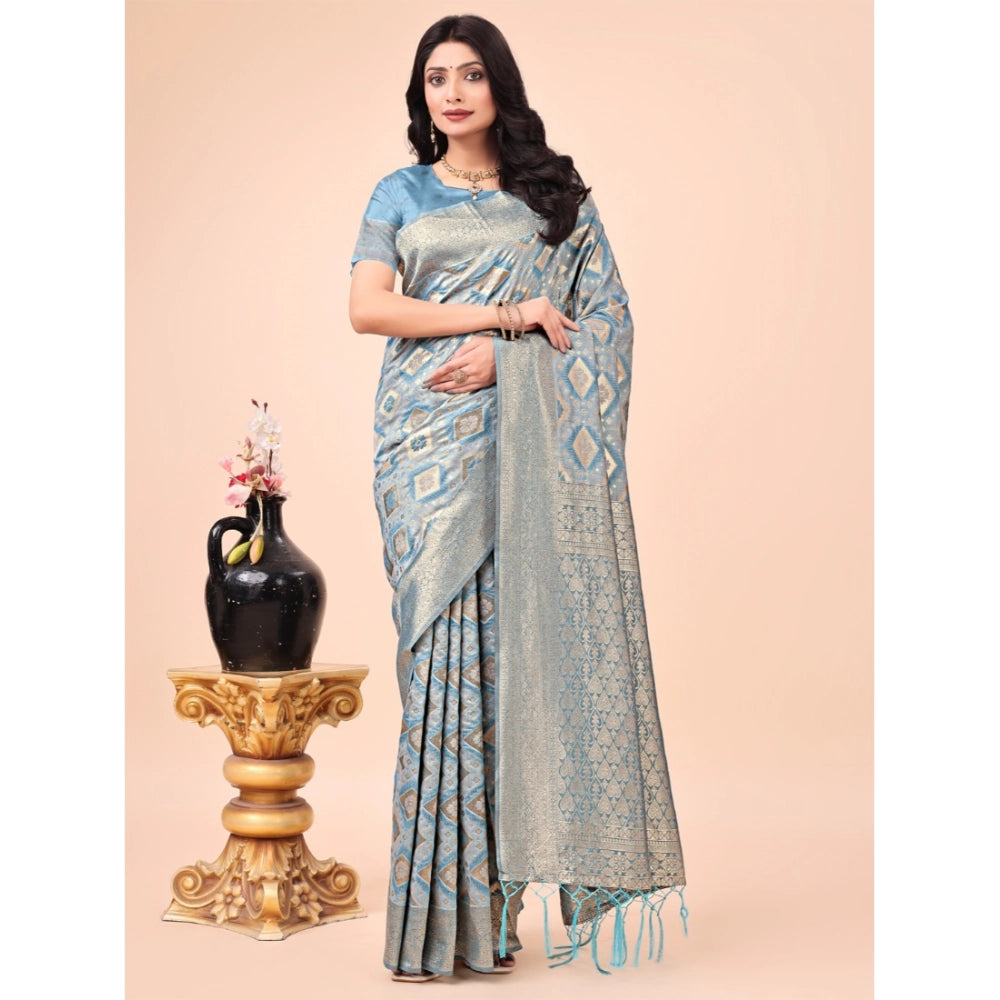 Generic Women's Cotton Printed Saree With Unstitched Blouse 5.5Mtr (Sky Blue) Main image