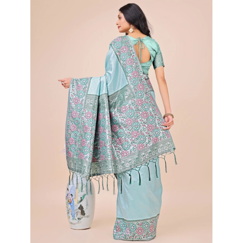 Generic Women's Lichi Silk Printed Saree With Unstitched Blouse 5.5Mtr (Teal) Secondary image