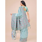 Generic Women's Lichi Silk Printed Saree With Unstitched Blouse 5.5Mtr (Teal)