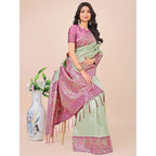 Generic Women's Lichi Silk Printed Saree With Unstitched Blouse 5.5Mtr (Olive Green)