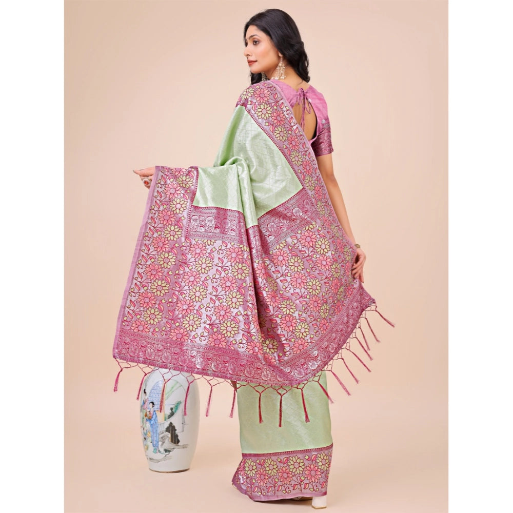 Generic Women's Lichi Silk Printed Saree With Unstitched Blouse 5.5Mtr (Olive Green) Secondary image