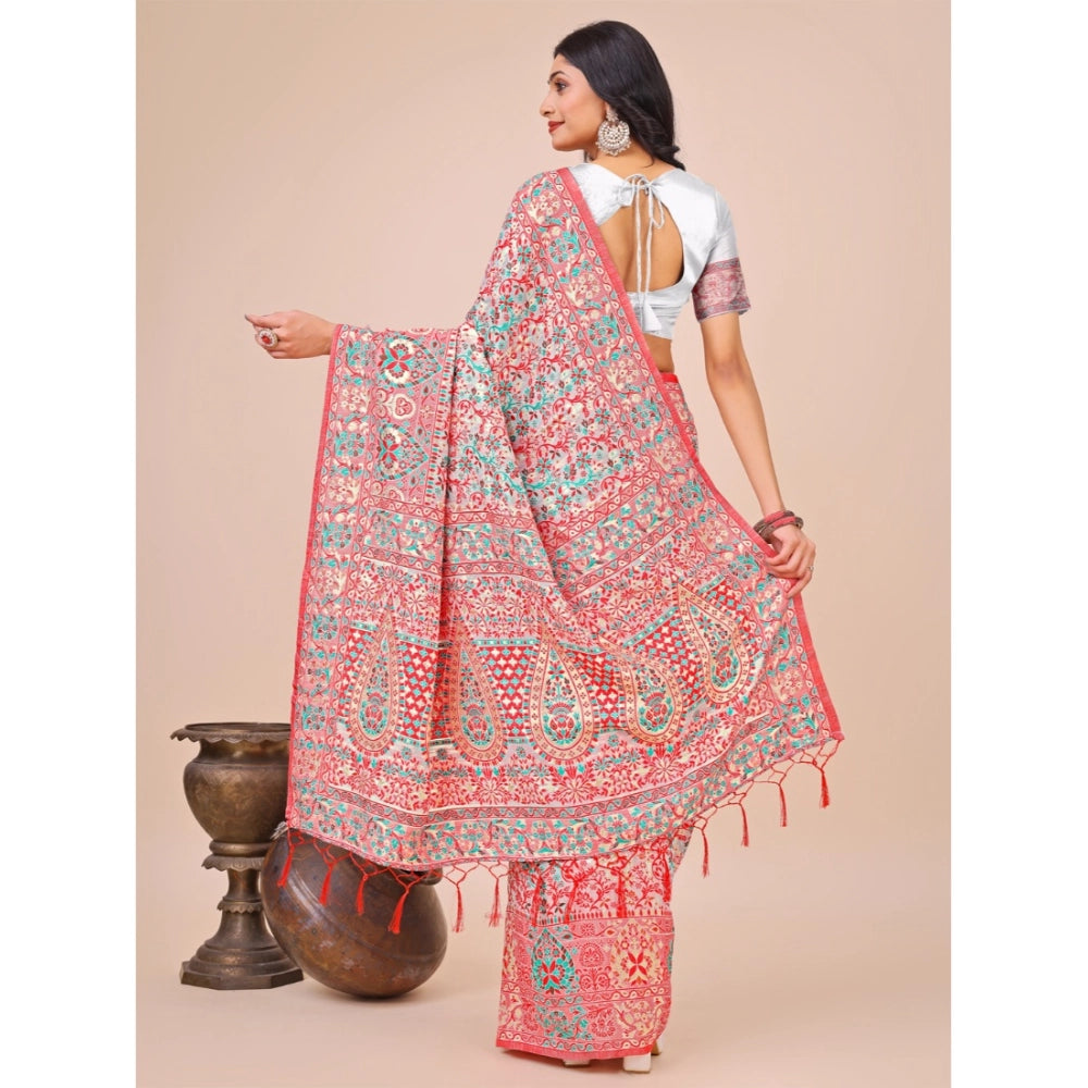 Generic Women's Cotton Printed Saree With Unstitched Blouse 5.5Mtr (White) Secondary image