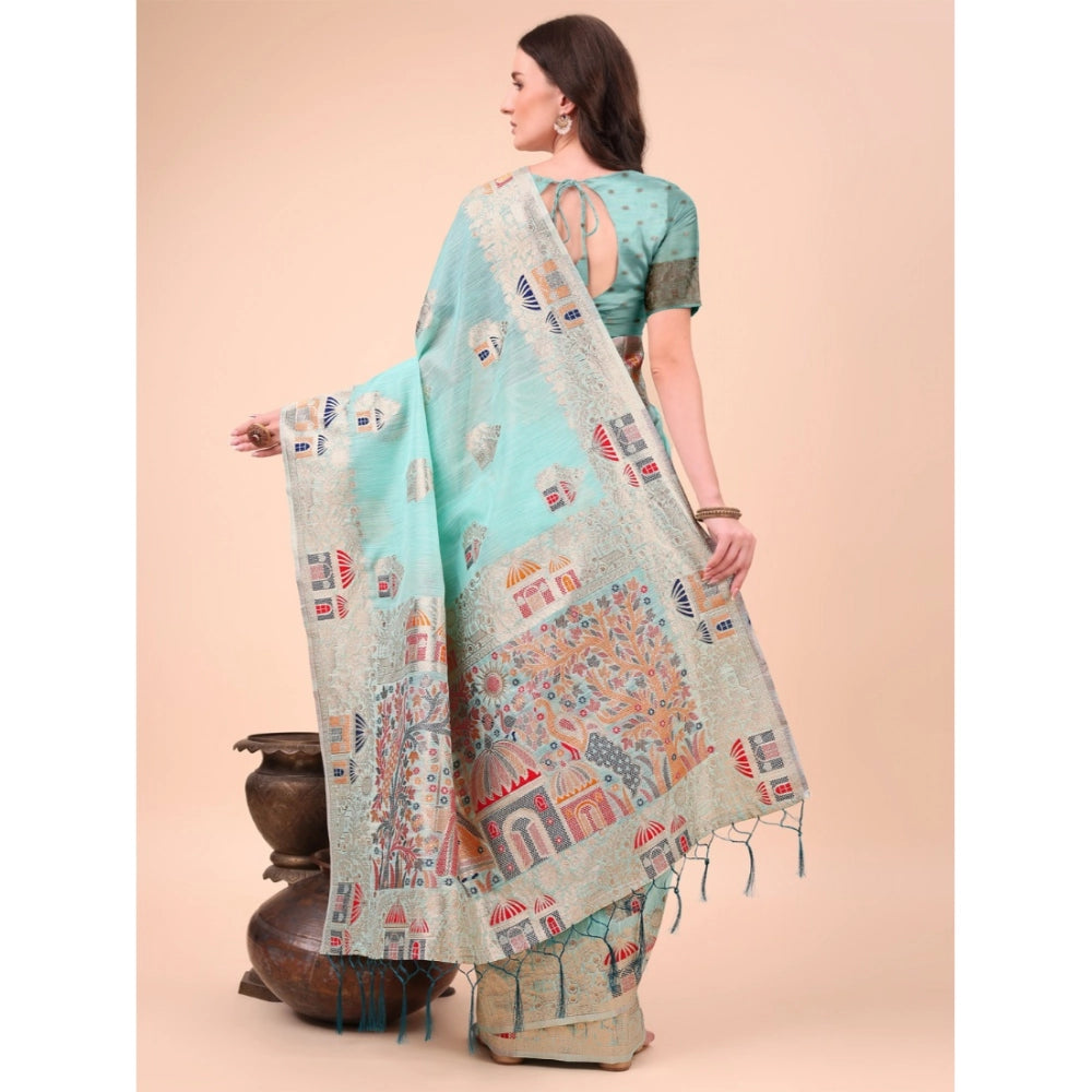 Generic Women's Linen Cotton Printed Saree With Unstitched Blouse 5.5Mtr (Sky Blue) Secondary image