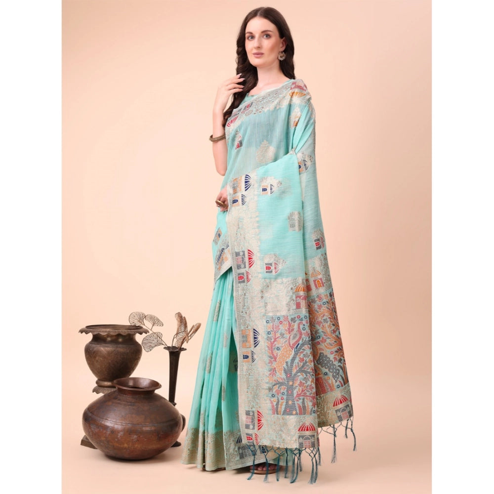 Generic Women's Linen Cotton Printed Saree With Unstitched Blouse 5.5Mtr (Sky Blue) Main image