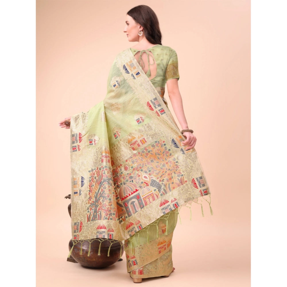 Generic Women's Linen Cotton Printed Saree With Unstitched Blouse 5.5Mtr (Light Green) Secondary image
