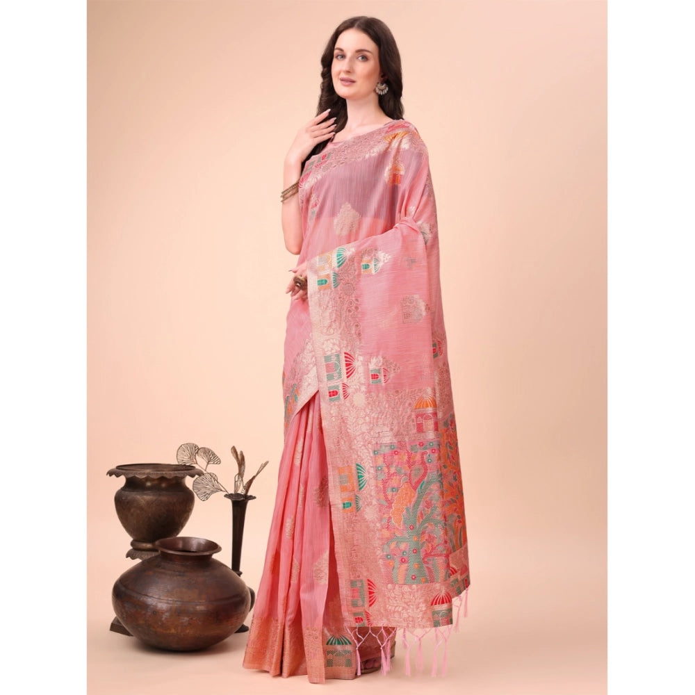 Generic Women's Linen Cotton Printed Saree With Unstitched Blouse 5.5Mtr (Pink) Main image