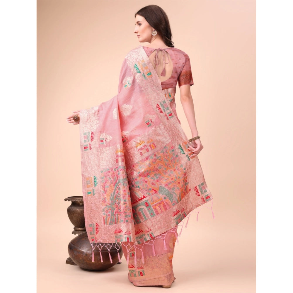 Generic Women's Linen Cotton Printed Saree With Unstitched Blouse 5.5Mtr (Pink) Secondary image