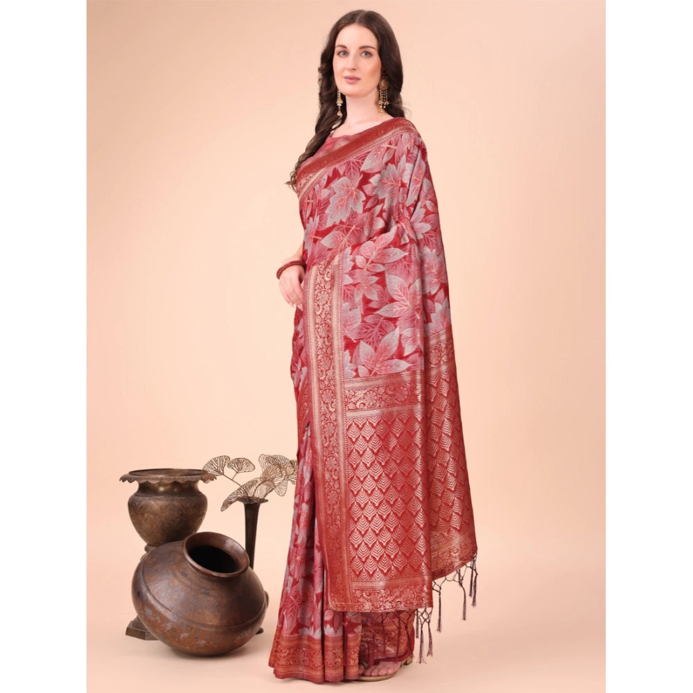 Generic Women's Cotton Printed Saree With Unstitched Blouse 5.5Mtr (Red) Main image