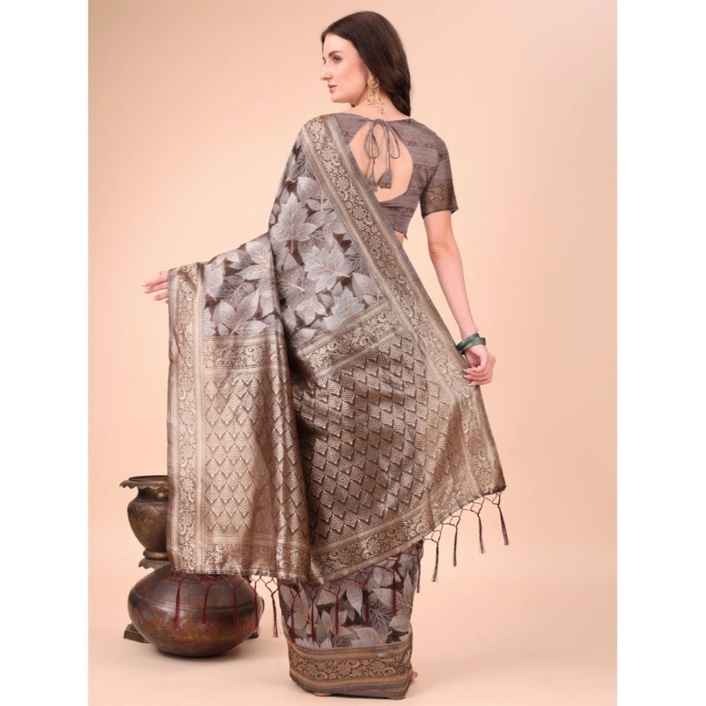 Generic Women's Cotton Printed Saree With Unstitched Blouse 5.5Mtr (Brown) Secondary image