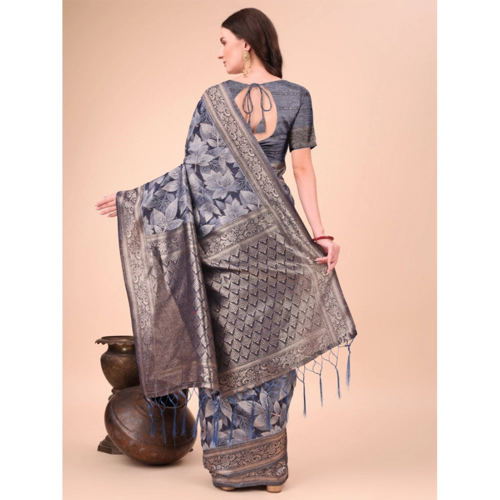 Generic Women's Cotton Printed Saree With Unstitched Blouse 5.5Mtr (Navy Blue) Secondary image