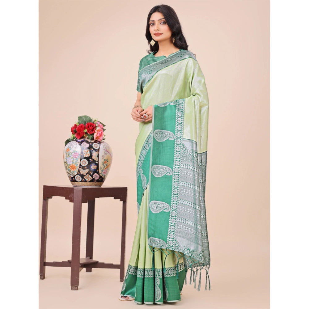 Generic Women's Lichi Silk Printed Saree With Unstitched Blouse 5.5Mtr (Light Green) Main image