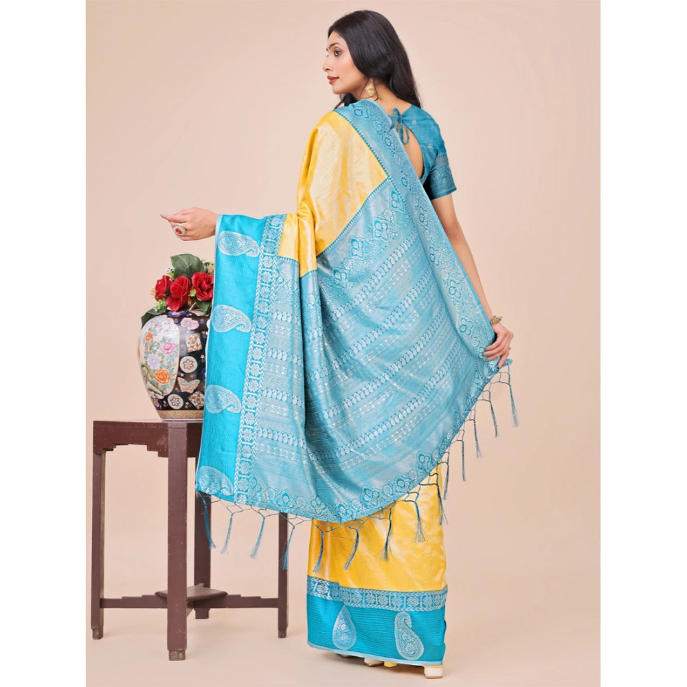 Generic Women's Lichi Silk Printed Saree With Unstitched Blouse 5.5Mtr (Yellow) Secondary image