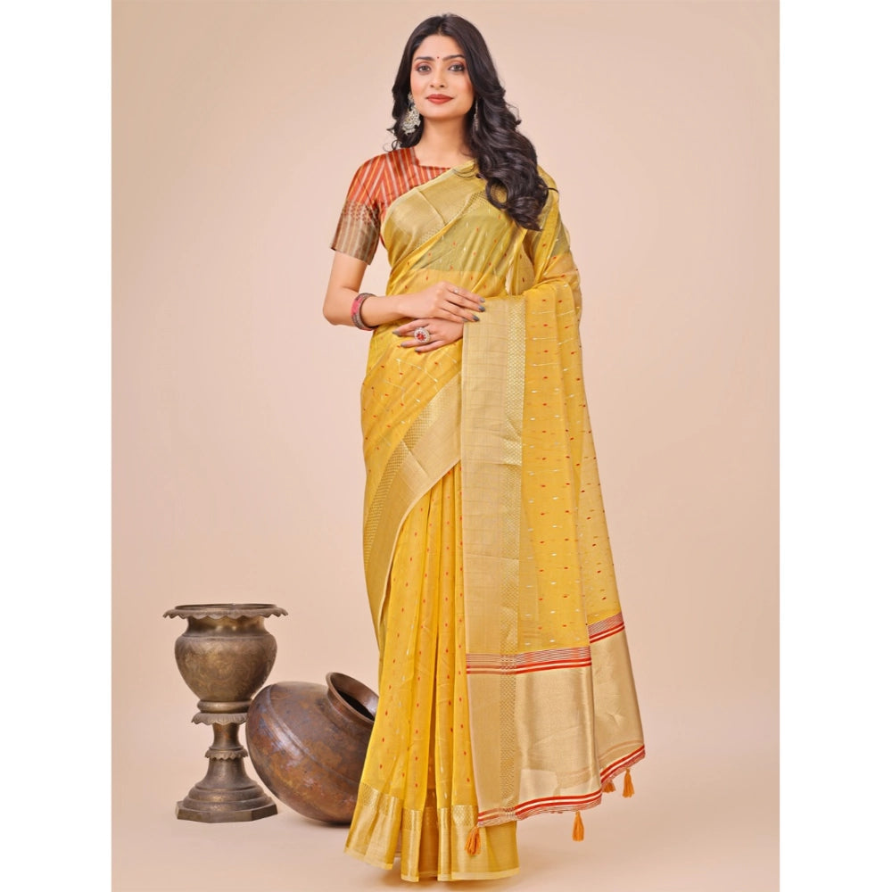 Generic Women's Organza Printed Saree With Unstitched Blouse 5.5Mtr (Yellow) Main image