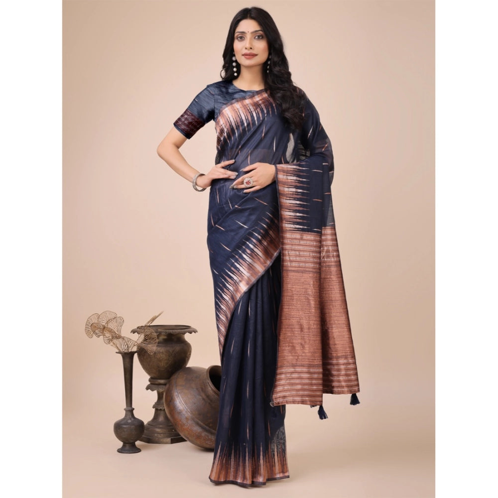 Generic Women's Linen Cotton Printed Saree With Unstitched Blouse 5.5Mtr (Navy Blue) Main image