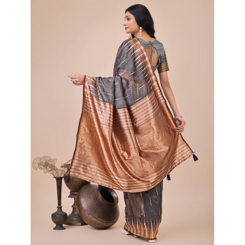 Generic Women's Linen Cotton Printed Saree With Unstitched Blouse 5.5Mtr (Grey) Secondary image