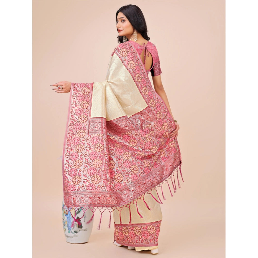 Generic Women's Lichi Silk Printed Saree With Unstitched Blouse 5.5Mtr (Cream) Secondary image