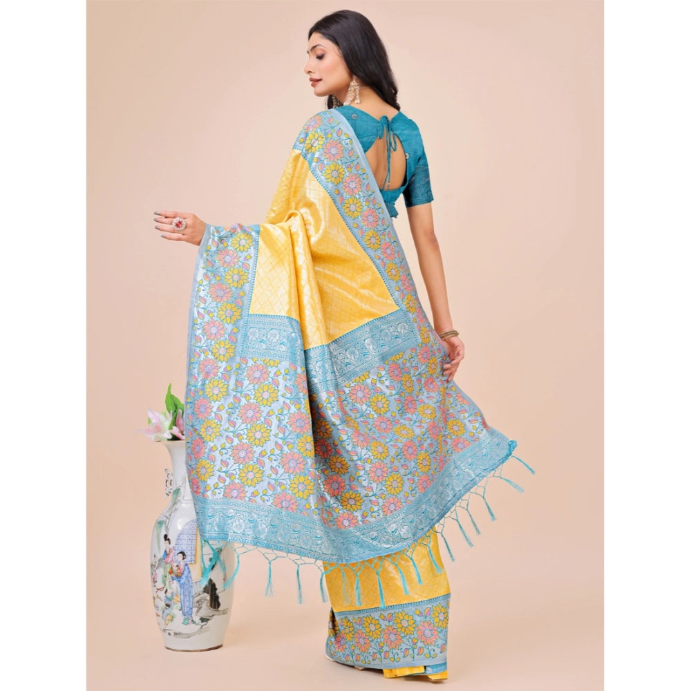 Generic Women's Lichi Silk Printed Saree With Unstitched Blouse 5.5Mtr (Yellow)