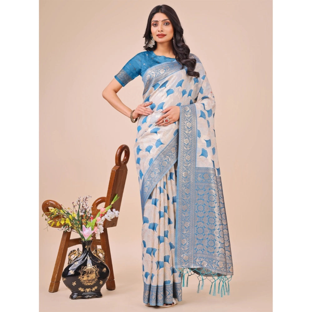 Generic Women's Linen Cotton Printed Saree With Unstitched Blouse 5.5Mtr (Teal) Main image