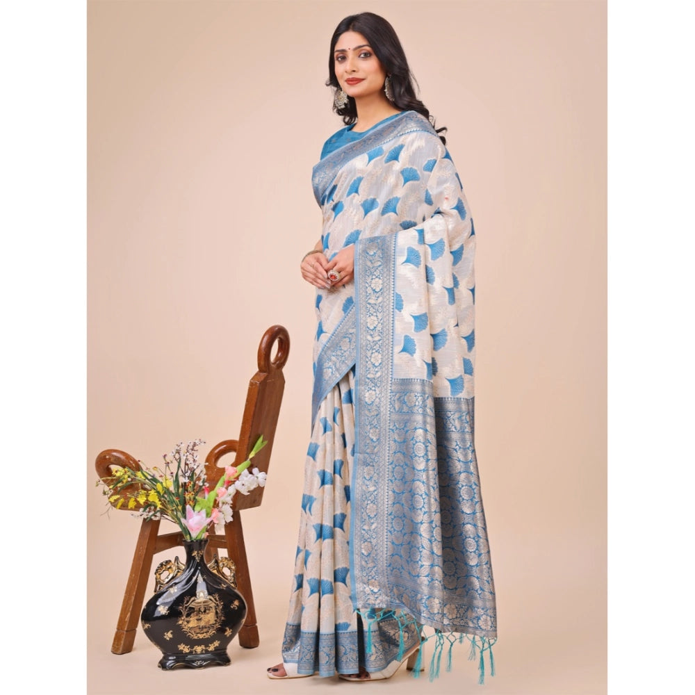 Generic Women's Linen Cotton Printed Saree With Unstitched Blouse 5.5Mtr (Sky Blue) Main image