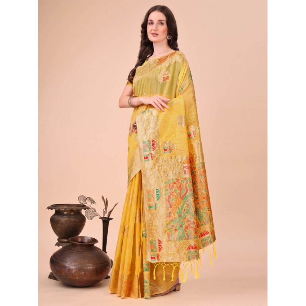 Generic Women's Linen Cotton Printed Saree With Unstitched Blouse 5.5Mtr (Yellow) Main image