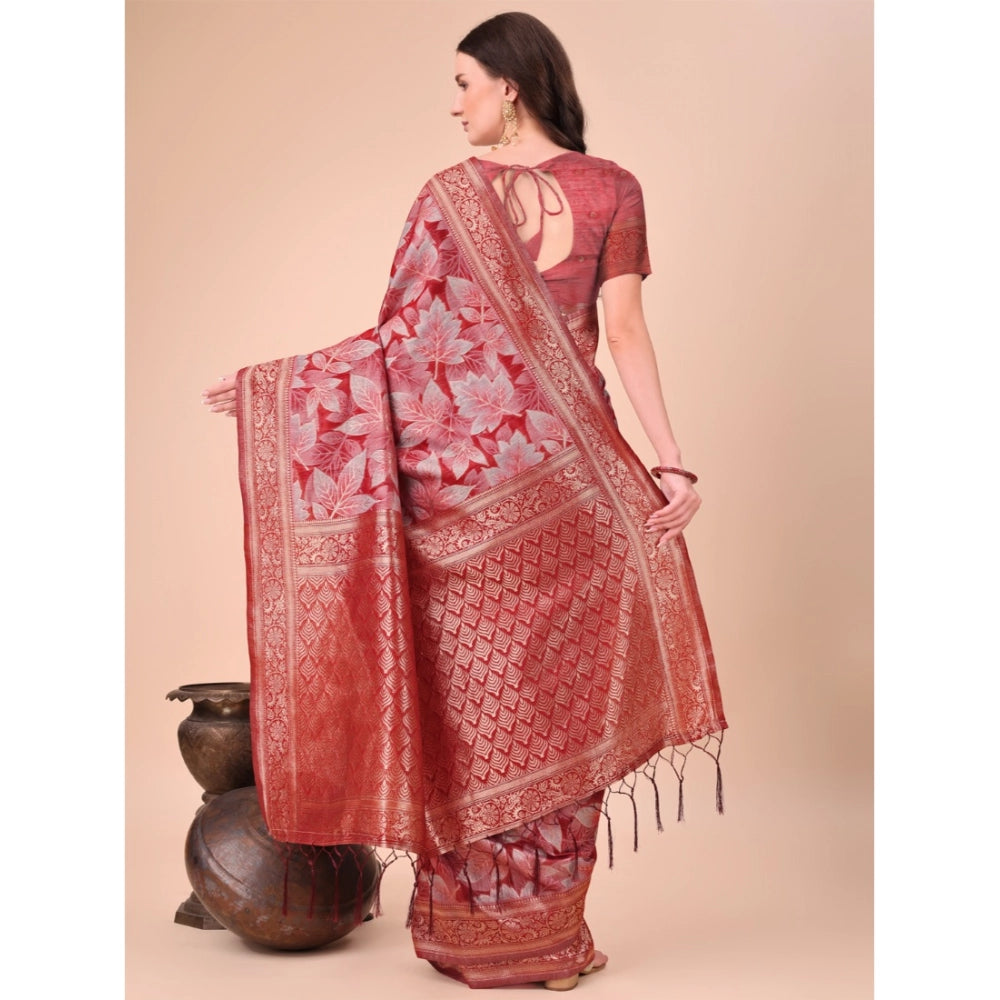 Generic Women's Cotton Printed Saree With Unstitched Blouse 5.5Mtr (Red) Secondary image