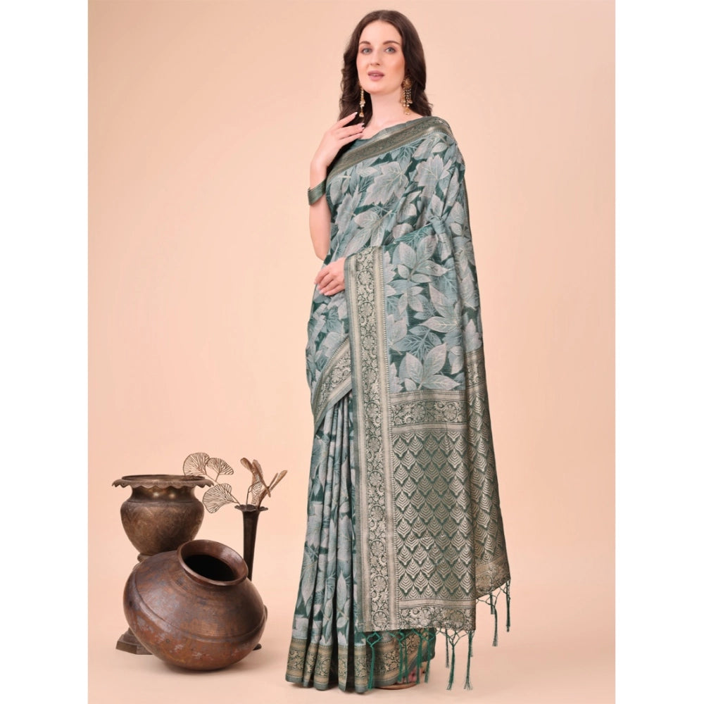 Generic Women's Cotton Printed Saree With Unstitched Blouse 5.5Mtr (Green) Main image