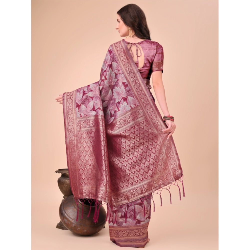 Generic Women's Cotton Printed Saree With Unstitched Blouse 5.5Mtr (Magenta) Secondary image
