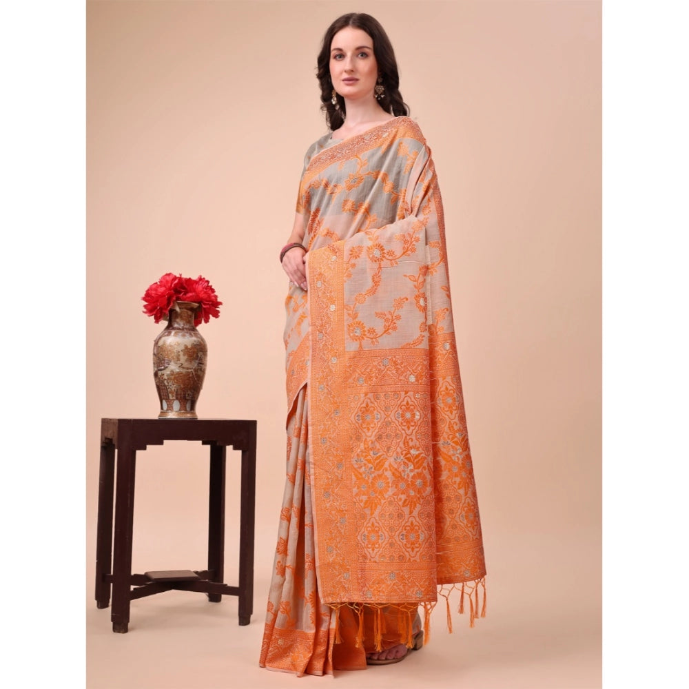 Generic Women's Cotton Printed Saree With Unstitched Blouse 5.5Mtr (Orange) Main image