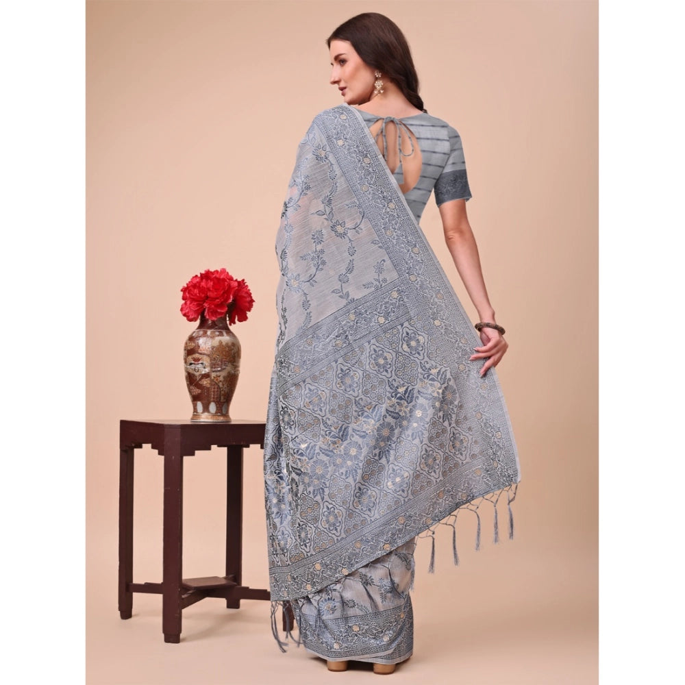 Generic Women's Cotton Printed Saree With Unstitched Blouse 5.5Mtr (Grey) Secondary image