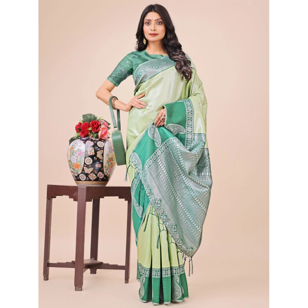 Generic Women's Lichi Silk Printed Saree With Unstitched Blouse 5.5Mtr (Light Green)