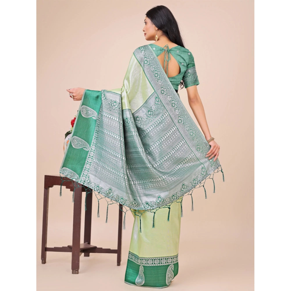 Generic Women's Lichi Silk Printed Saree With Unstitched Blouse 5.5Mtr (Light Green) Secondary image