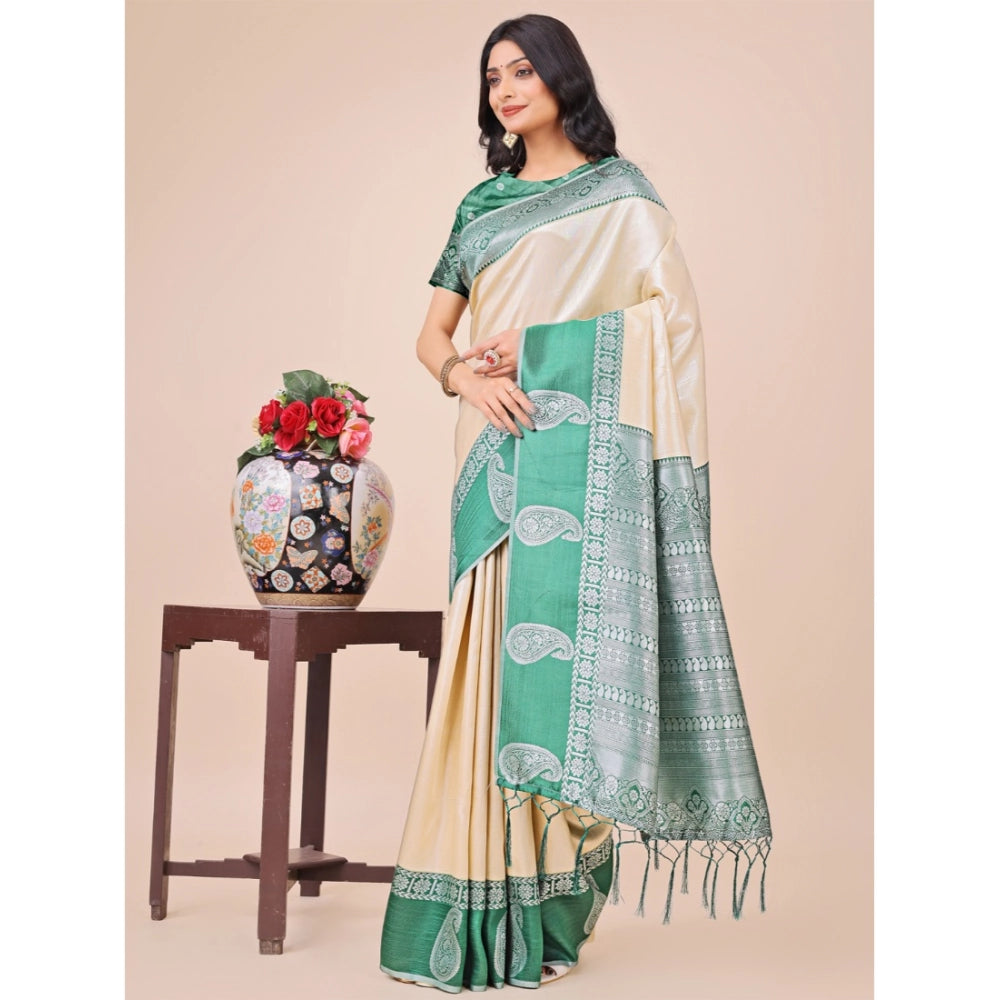 Generic Women's Lichi Silk Printed Saree With Unstitched Blouse 5.5Mtr (Cream) Main image