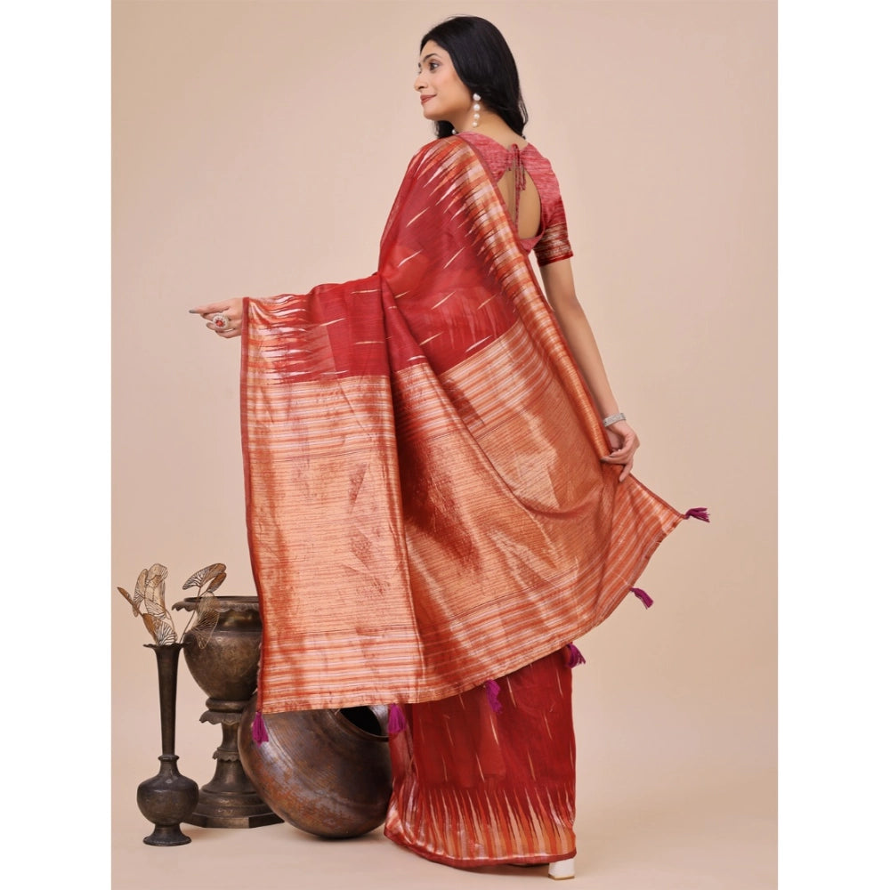Generic Women's Linen Cotton Printed Saree With Unstitched Blouse 5.5Mtr (Red) Secondary image