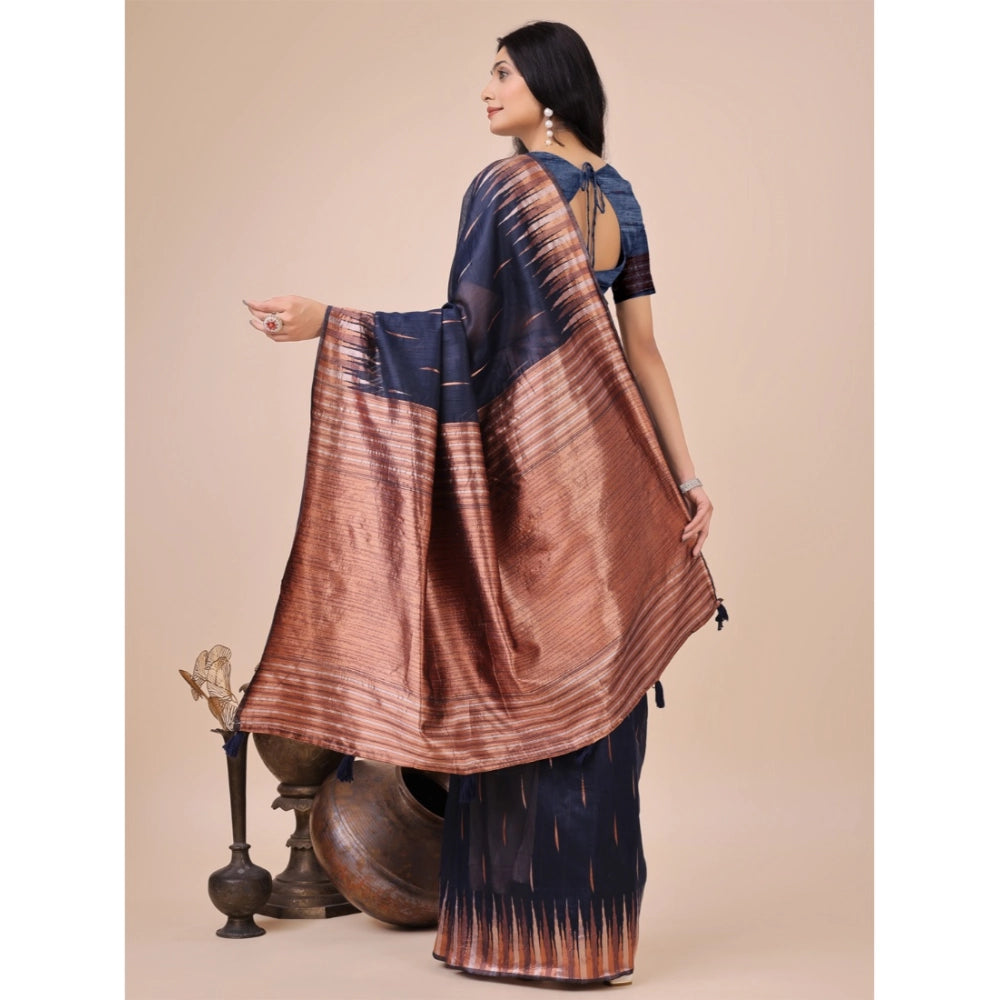 Generic Women's Linen Cotton Printed Saree With Unstitched Blouse 5.5Mtr (Navy Blue) Secondary image