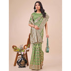 Generic Women's Linen Cotton Printed Saree With Unstitched Blouse 5.5Mtr (Green)