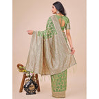 Generic Women's Linen Cotton Printed Saree With Unstitched Blouse 5.5Mtr (Green)
