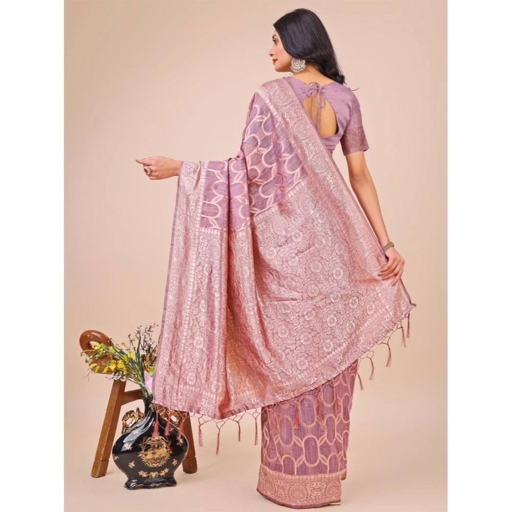 Generic Women's Linen Cotton Printed Saree With Unstitched Blouse 5.5Mtr (Purple) Secondary image