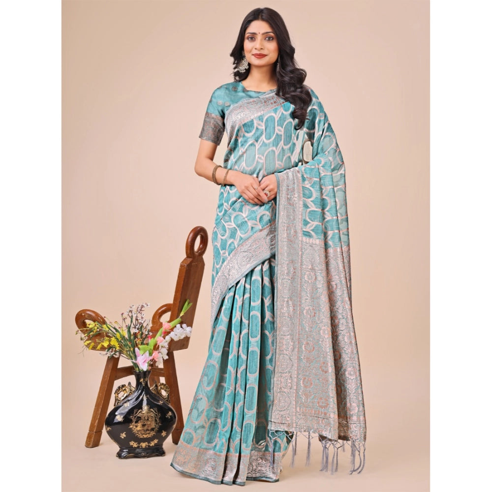 Generic Women's Linen Cotton Printed Saree With Unstitched Blouse 5.5Mtr (Teal) Main image