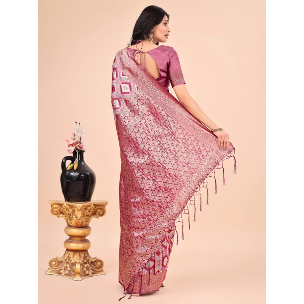 Generic Women's Cotton Printed Saree With Unstitched Blouse 5.5Mtr (Pink) Secondary image