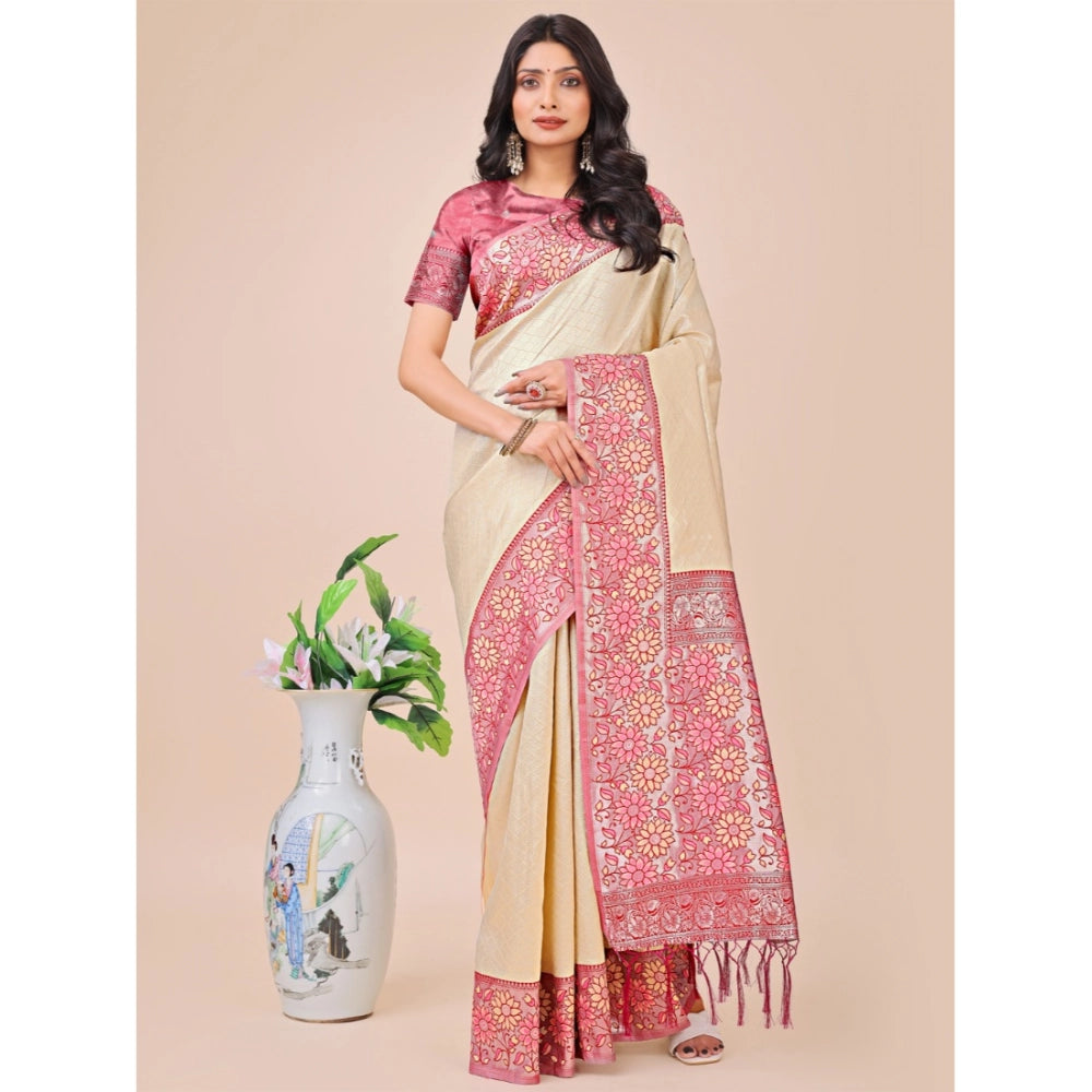 Generic Women's Lichi Silk Printed Saree With Unstitched Blouse 5.5Mtr (Cream) Main image