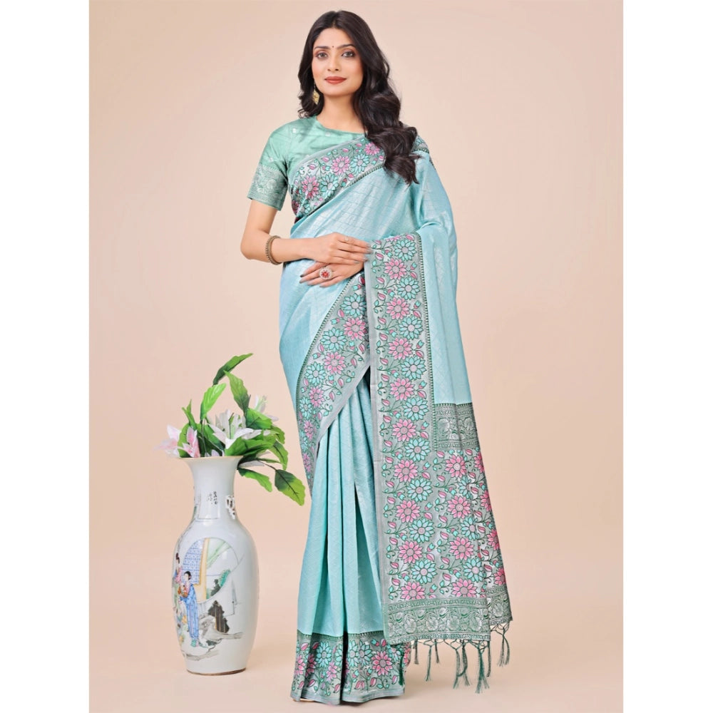 Generic Women's Lichi Silk Printed Saree With Unstitched Blouse 5.5Mtr (Teal) Main image