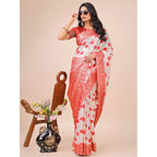 Generic Women's Linen Cotton Printed Saree With Unstitched Blouse 5.5Mtr (Red)