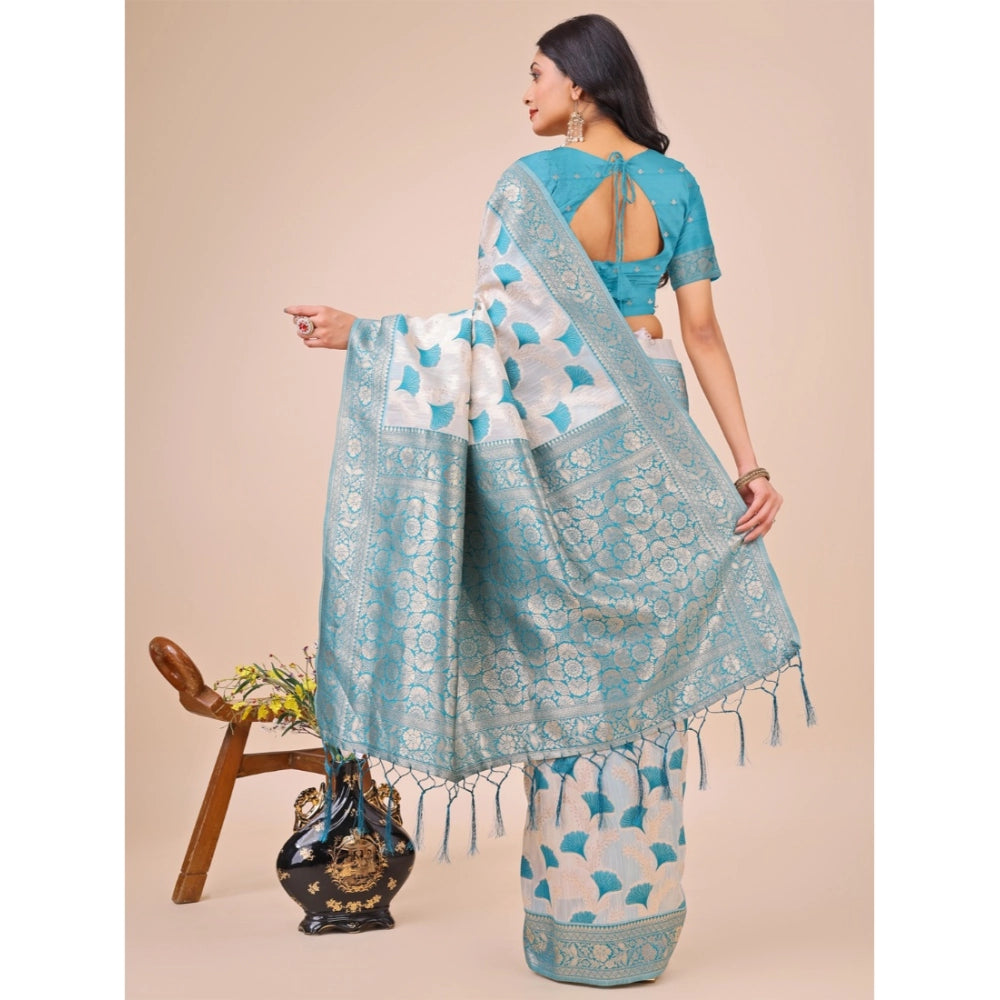 Generic Women's Linen Cotton Printed Saree With Unstitched Blouse 5.5Mtr (Teal) Secondary image
