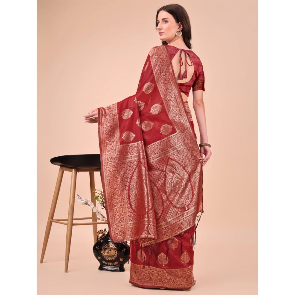 Generic Women's Cotton Printed Saree With Unstitched Blouse 5.5Mtr (Maroon) Secondary image