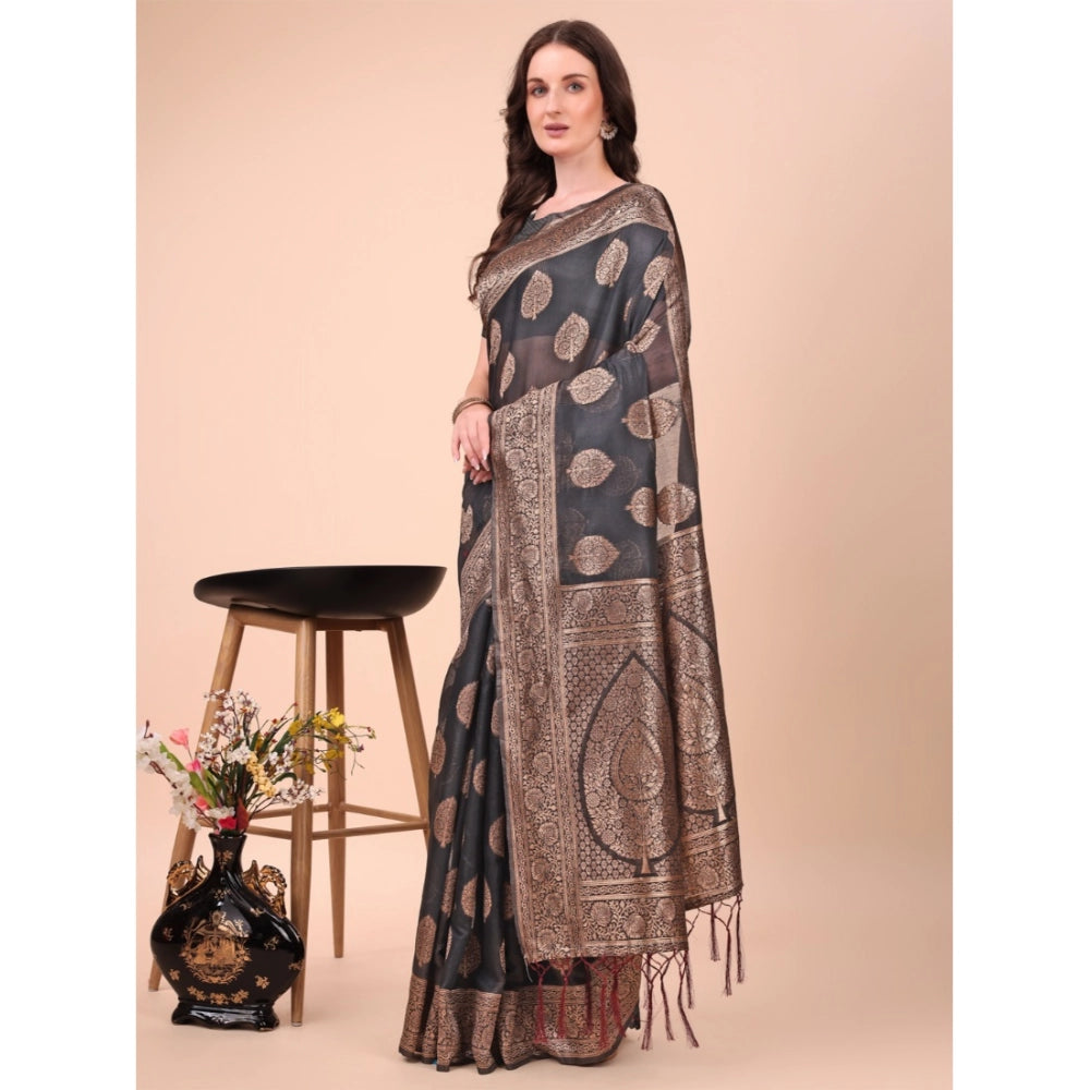 Generic Women's Cotton Printed Saree With Unstitched Blouse 5.5Mtr (Black) Main image