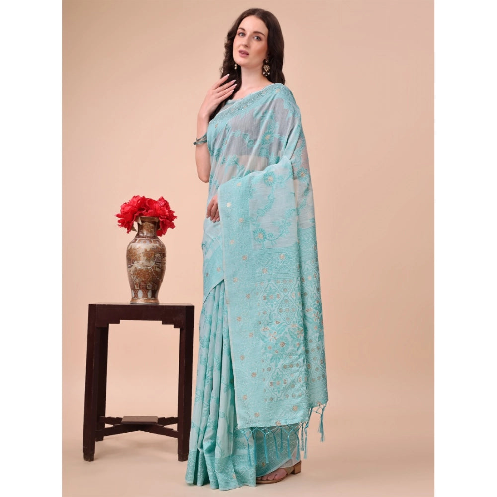 Generic Women's Cotton Printed Saree With Unstitched Blouse 5.5Mtr (Sky Blue) Main image