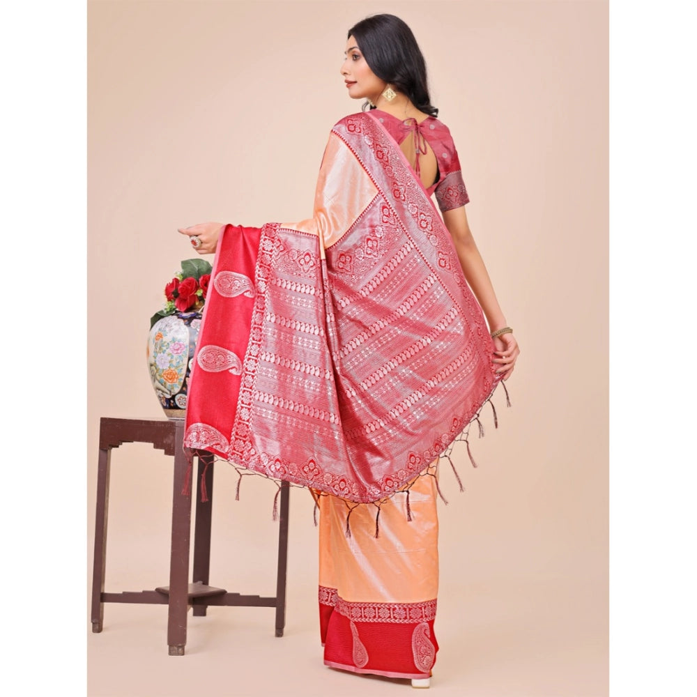 Generic Women's Lichi Silk Printed Saree With Unstitched Blouse 5.5Mtr (Peach) Secondary image