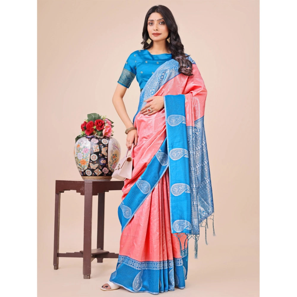 Generic Women's Lichi Silk Printed Saree With Unstitched Blouse 5.5Mtr (Peach)
