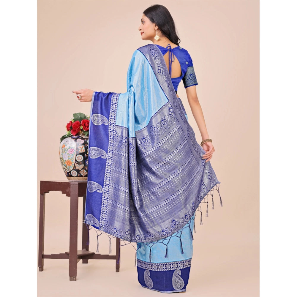 Generic Women's Lichi Silk Printed Saree With Unstitched Blouse 5.5Mtr (Sky Blue) Secondary image