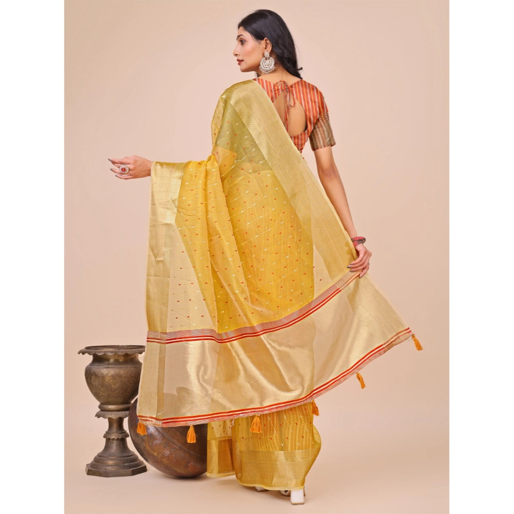 Generic Women's Organza Printed Saree With Unstitched Blouse 5.5Mtr (Yellow) Secondary image